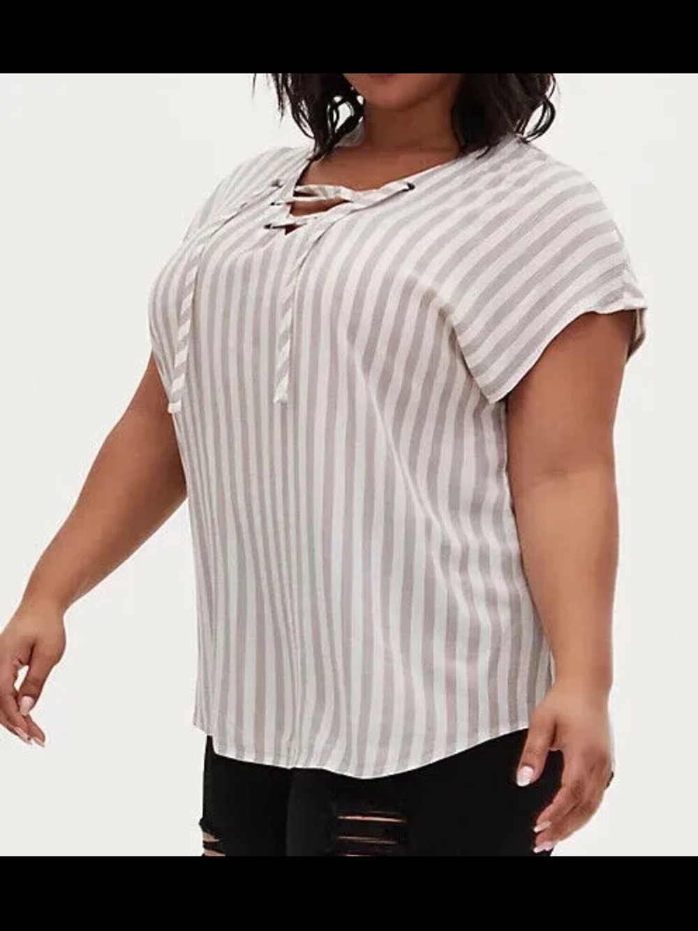 Torrid Women Stripe Gauze Lace Up Dolman Blouse 0X Plus Coastal Boho Neutral - Picture 9 of 9